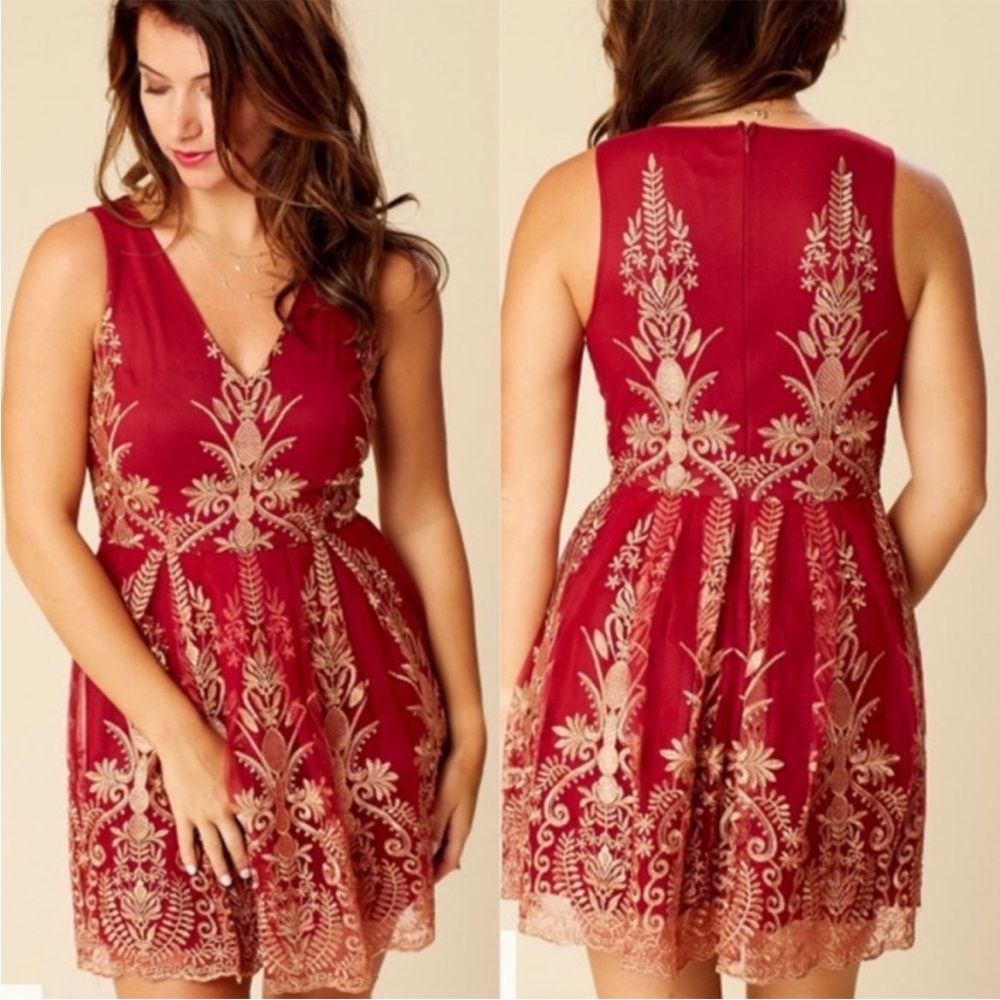 Altar'd State Red & Gold Lace Dress